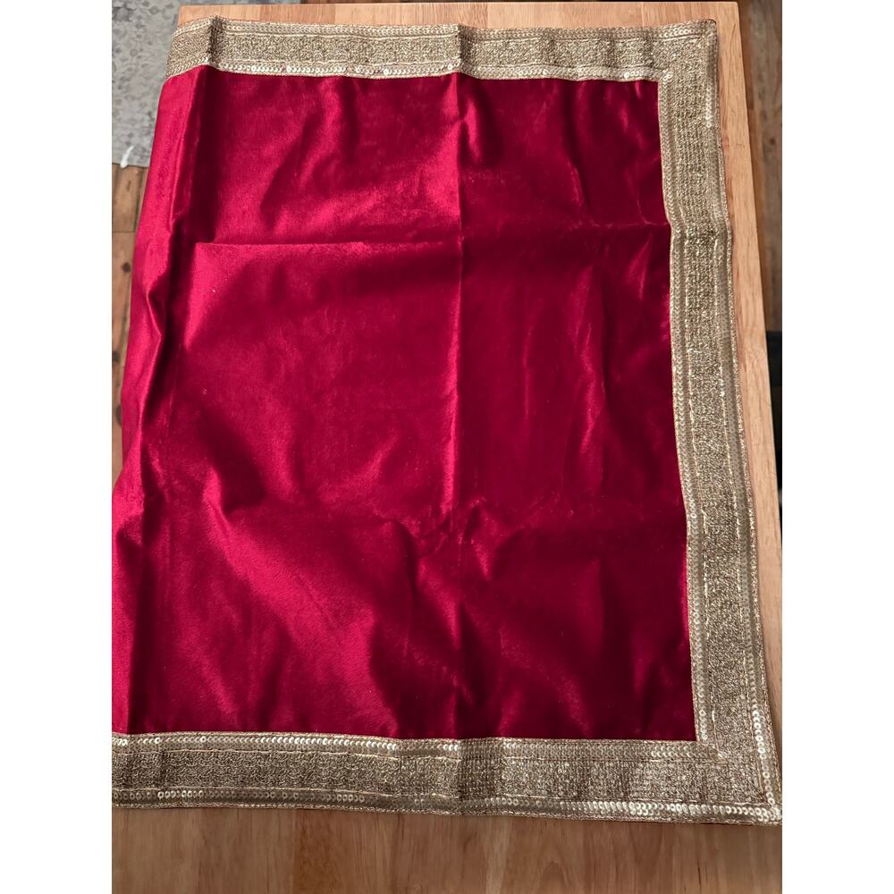 Red Velvet with Gold Trim Pooja Tablecloth 23" x 23"